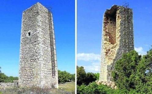 Torreón de la Greda antes y después de su derrumbe