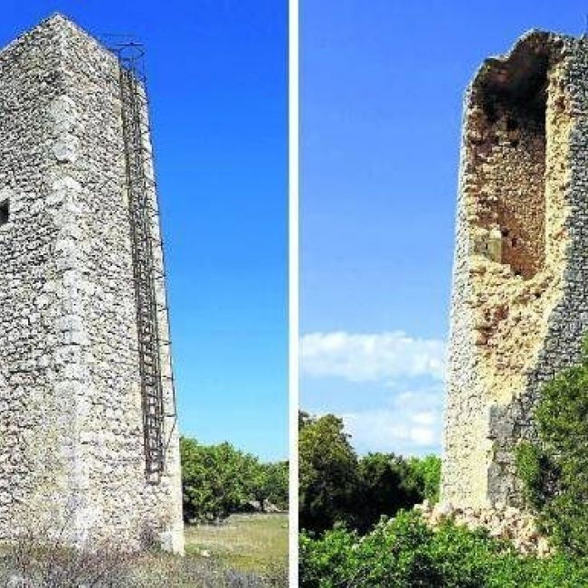 Torreón de la Greda antes y después de su derrumbe